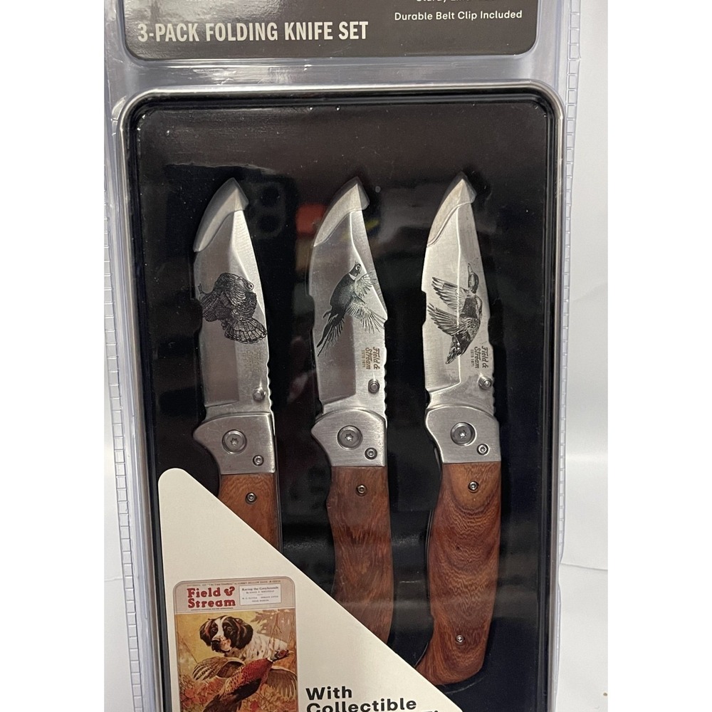 FIELD AND STREAM RACING THE GREYHOUNDS BIRD 3 KNIFE SET WOOD HANDLES